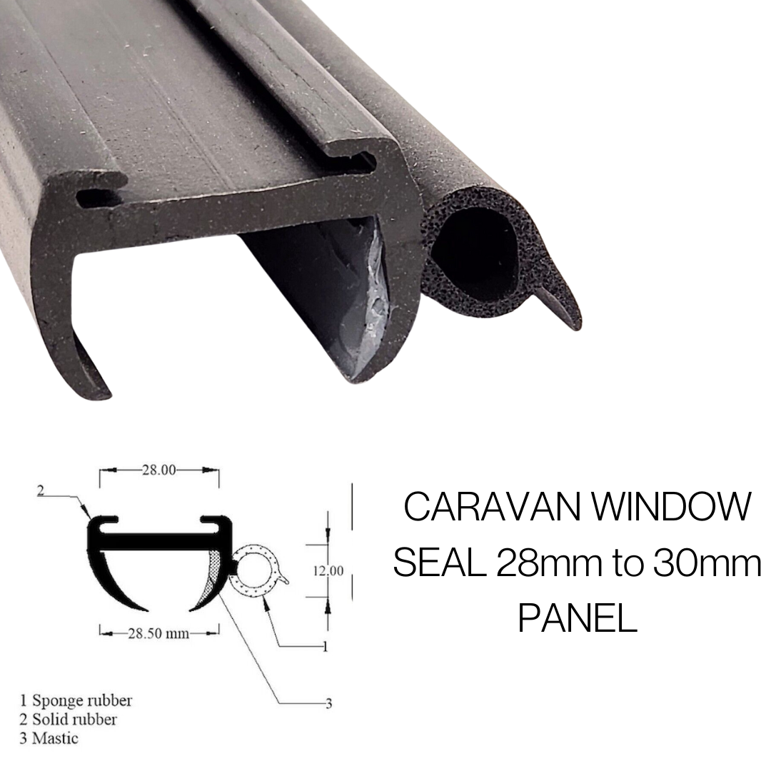 Caravan & Motorhome Window Seal – 28mm to 30mm Panels - 12mm Sealing Bulb -White or Grey Plastic insert strip
