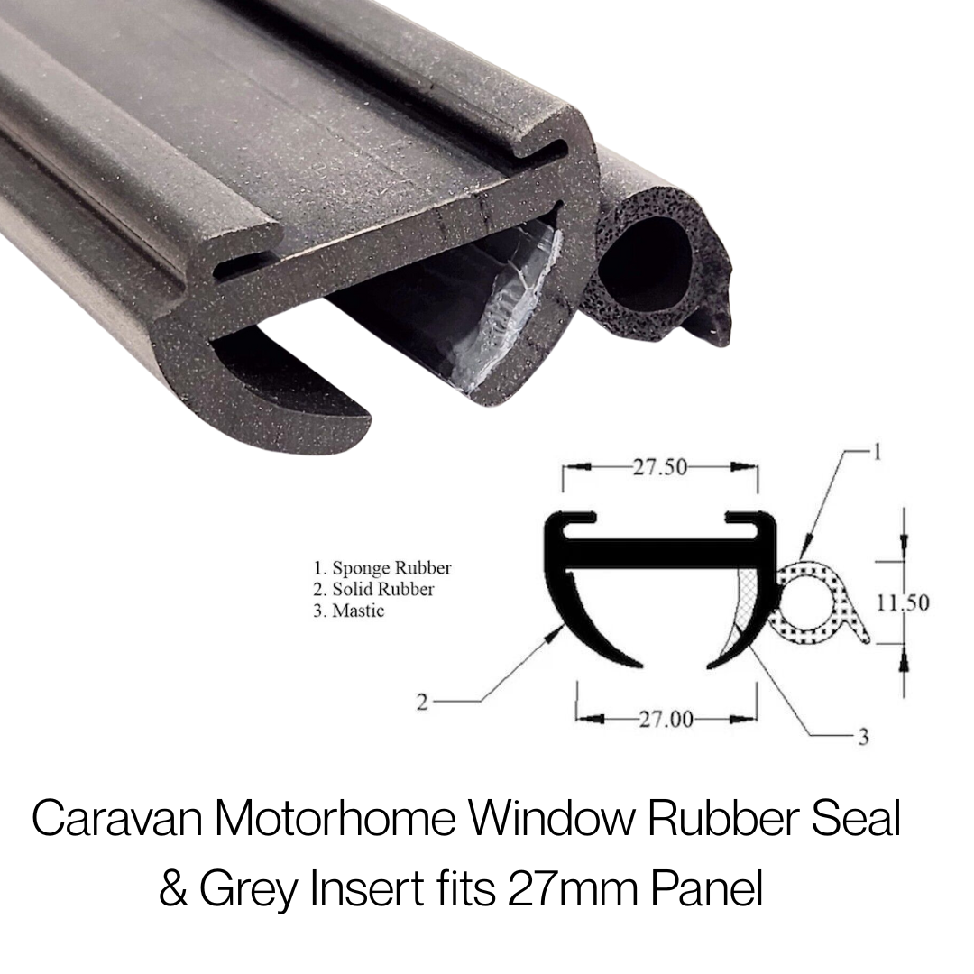 Caravan & Motorhome Window Seal – 27mm Panel - 11mm Sealing Bulb -White or Grey Plastic insert strip - The Seal Extrusion Company LTD