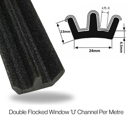 TSEC 2289 Flocked Black Double Window Channel – EPDM Rubber Glass Run Channel (4mm–6mm Glass) - The Seal Extrusion Company LTD