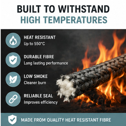 Fire Rope Seal – Soft Black Glass Fibre Stove Door Seal (550°C Heat Resistant)
