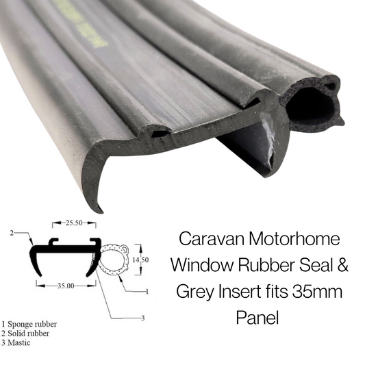 Caravan & Motorhome Window Seal – 35mm Panels - 14.5mm Sealing Bulb -White or Grey Plastic insert strip