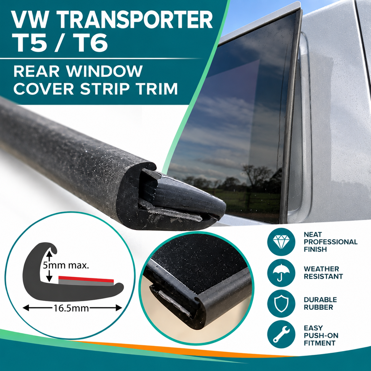 TSEC4002 VW Transporter T5 / T6 Rear Window Cover Strip Trim – EPDM Rubber Glass Seal (Length of 600mm) Panel Thickness up to 5mm. - The Seal Extrusion Company LTD