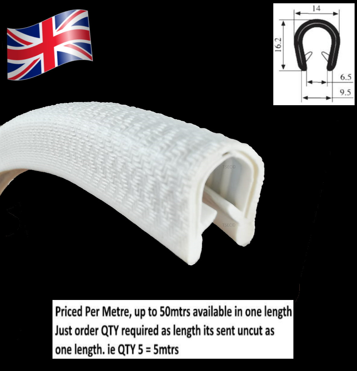 TSEC300003700W White Wide Grip U Channel - Fits up to 8mm - The Seal Extrusion Company LTD