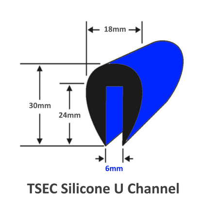 Silicone U Channel 30mm x 18mm Fits up to 6mm - The Seal Extrusion Company LTD